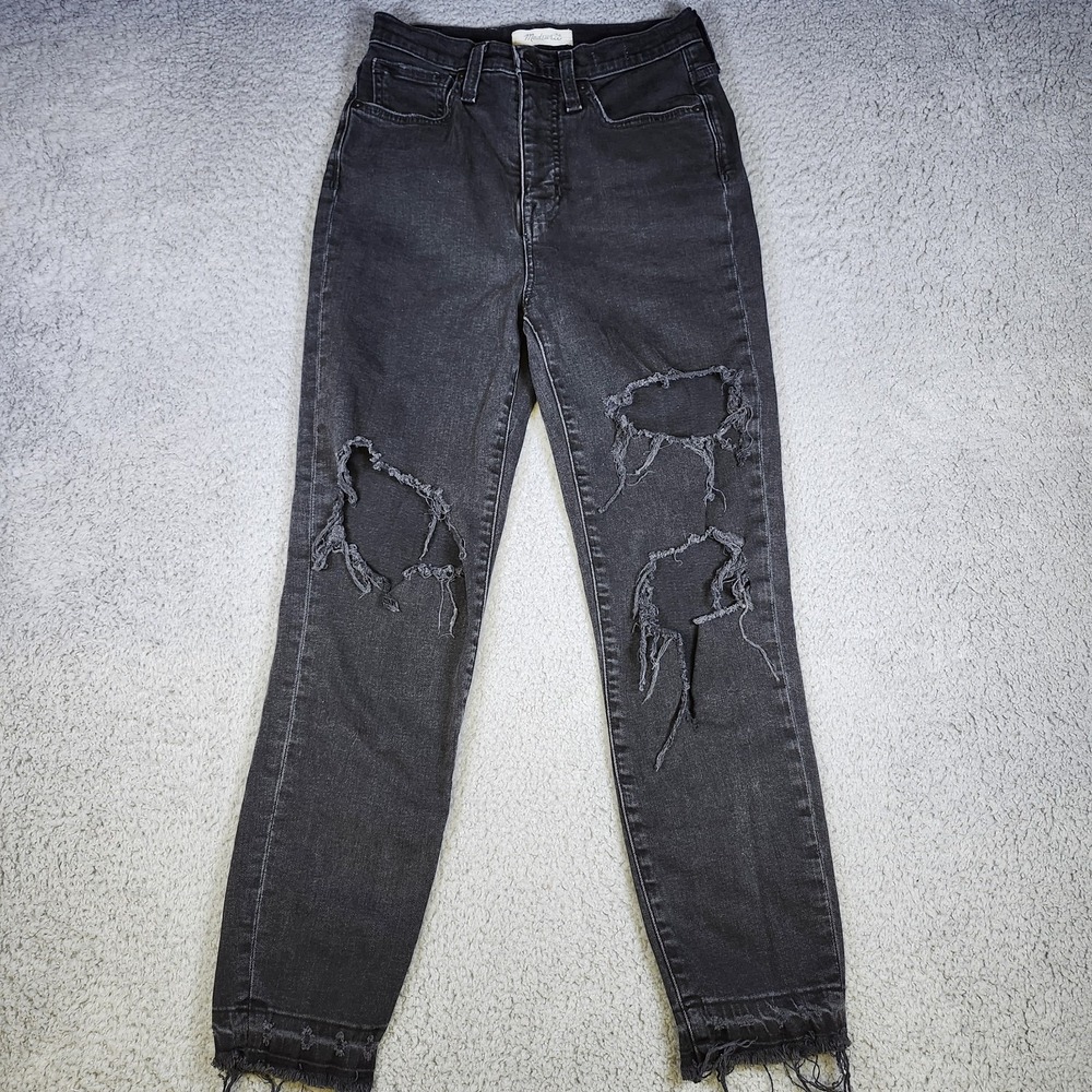 Madewell The Momjean Stretch Ankle Denim Jeans Black 24 Distressed